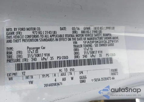 2016 Ford Focus Se from USA, damaged, VIN 1FADP3K2XGL279131